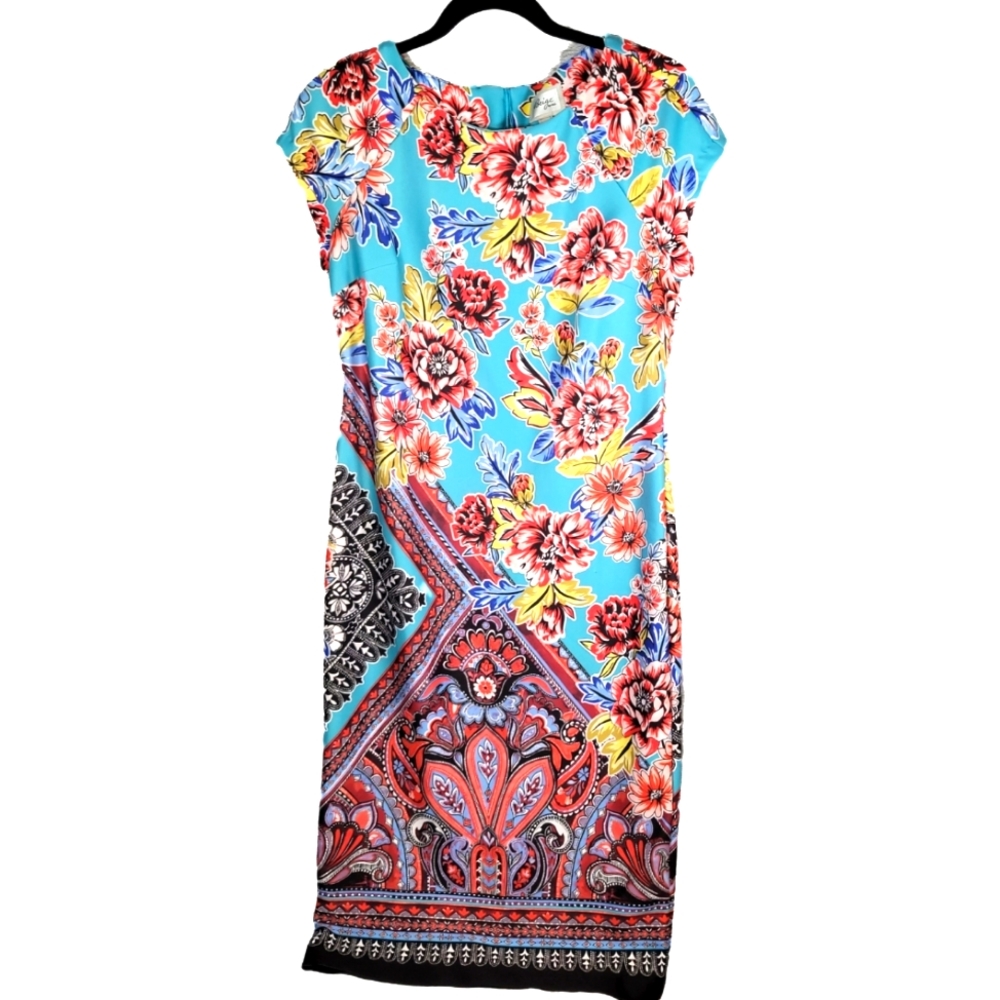 Beige by ECI Women's Turquoise Floral and Paisley Stretch Pencil Dress